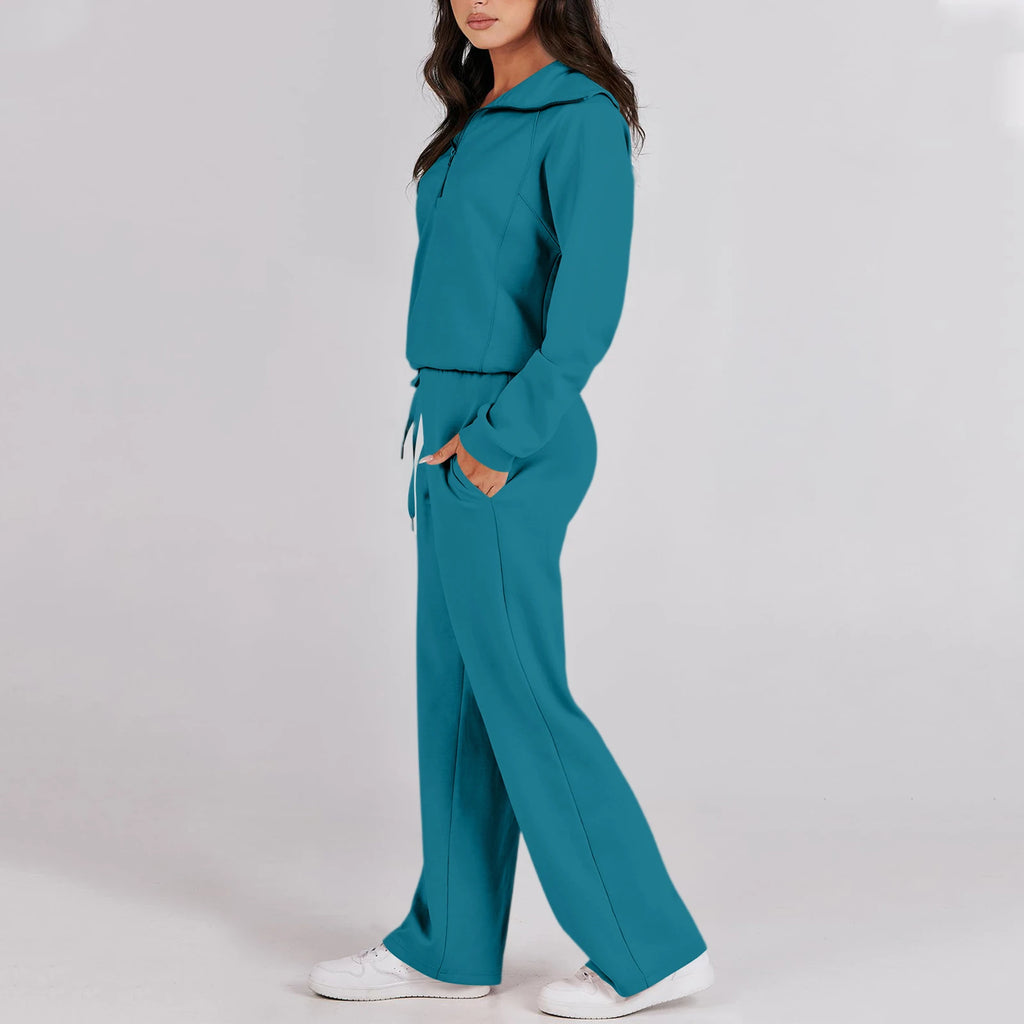 Active Fashion Women Two Piece Set Half Zip Collar Sweatshirt Popular Wide Leg Pants Pocket Design Comfy Lounge Sports Outfit
