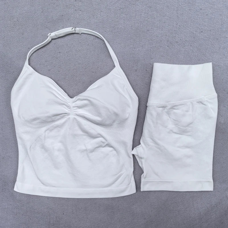 2 Pieces Yoga Set Women Backless Halter Tops High Waist Seamless Shorts Gym Suit Fitness Clothes Sportswear Workout Sets