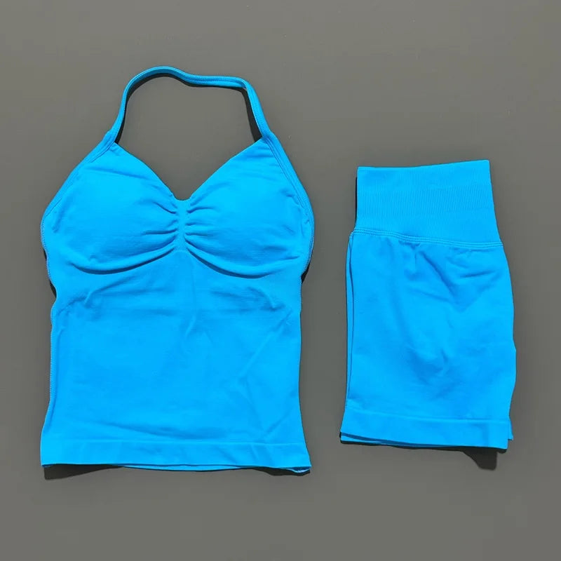 2 Pieces Impact Sports Set Women Backless Tank Yoga Tops High Waist Scrunch Seamless Shorts Sport Gym Set Sportswear Workout Set