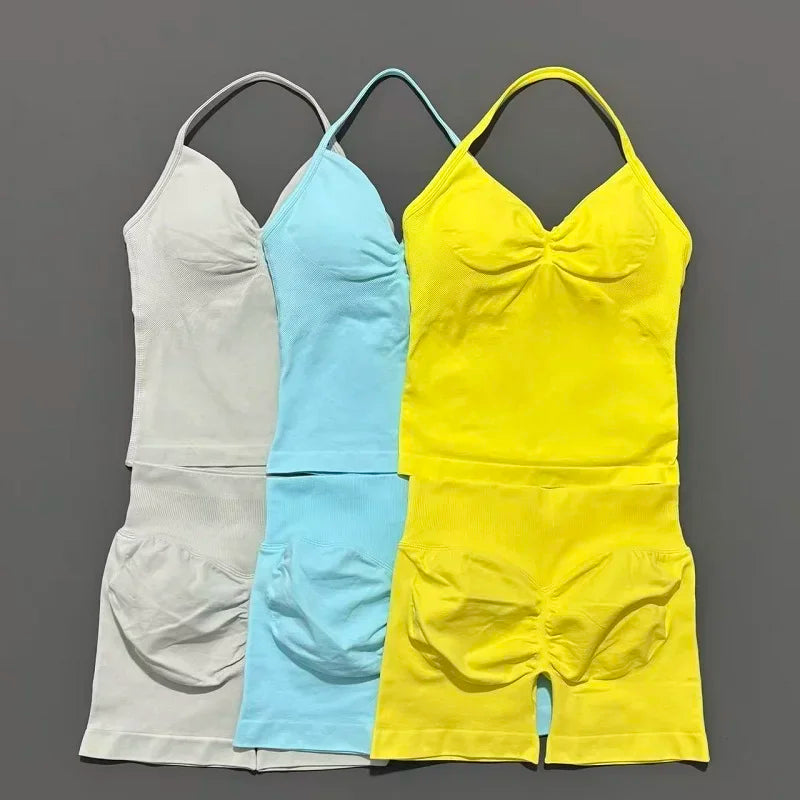 2 Pieces Impact Sports Set Women Backless Tank Yoga Tops High Waist Scrunch Seamless Shorts Sport Gym Set Sportswear Workout Set