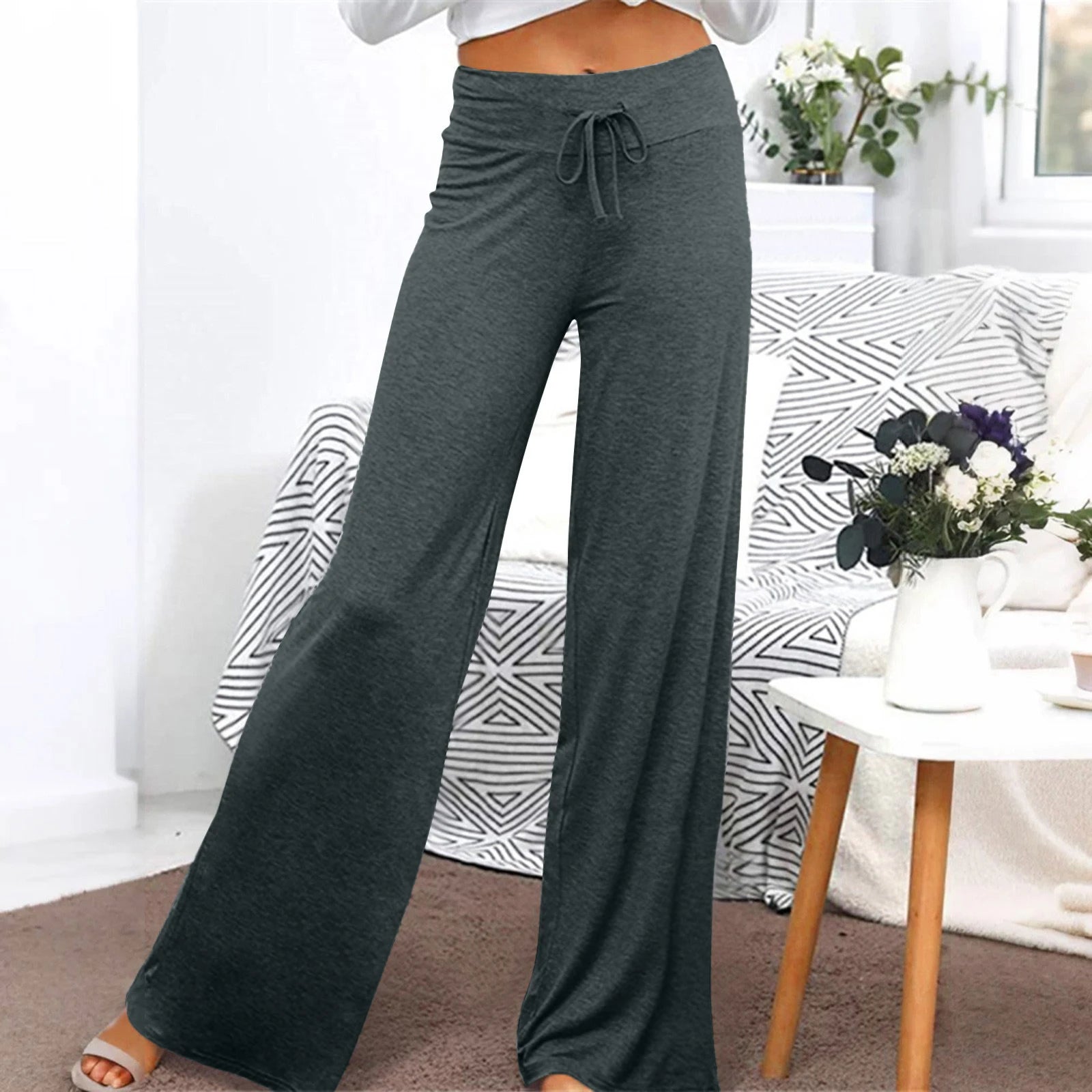Activewear Women Wide Leg Pants Casual Cotton Yoga Pants With Pockets High Waist Drawstring Baggy Sweatpants Flare Leggings