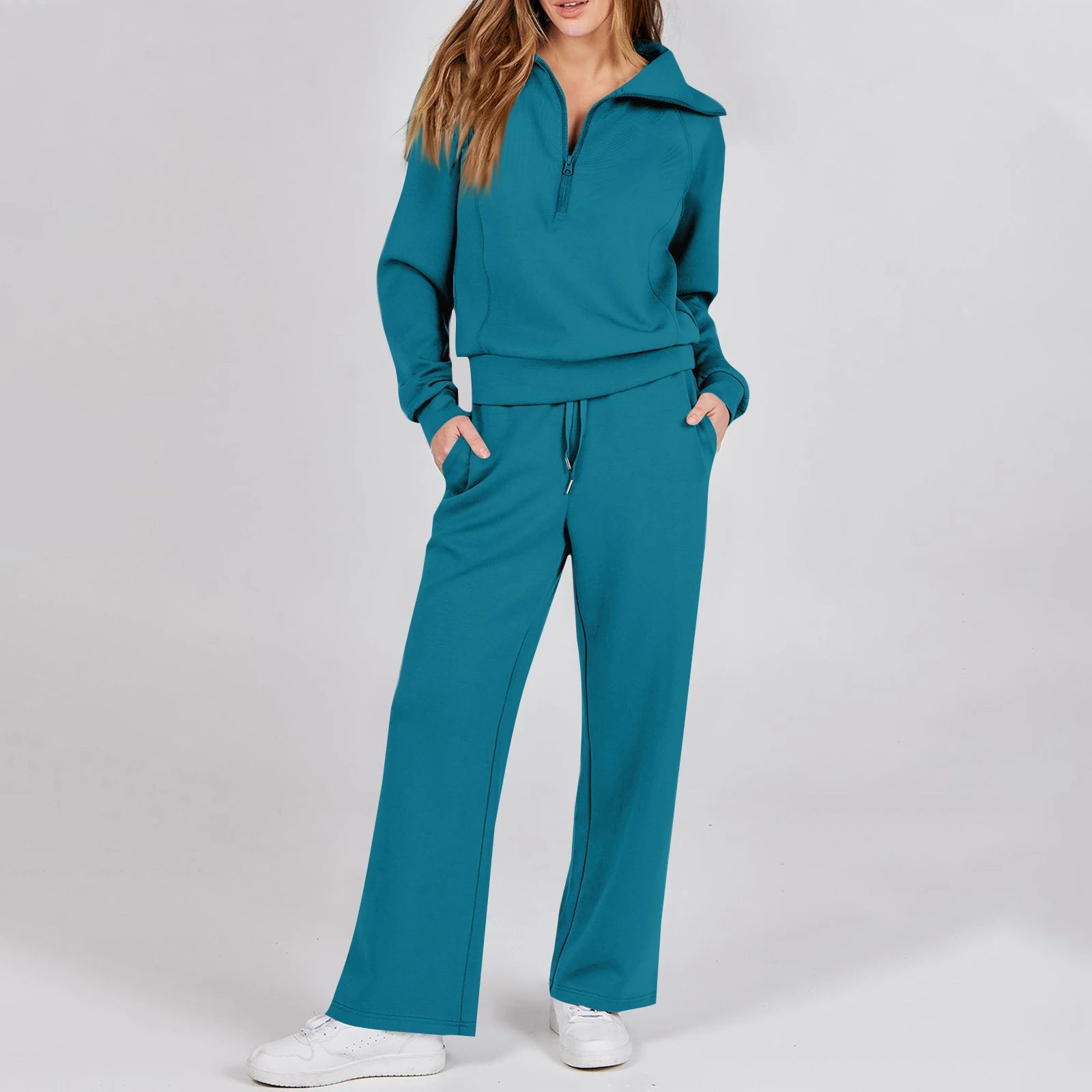 Active Fashion Women Two Piece Set Half Zip Collar Sweatshirt Popular Wide Leg Pants Pocket Design Comfy Lounge Sports Outfit