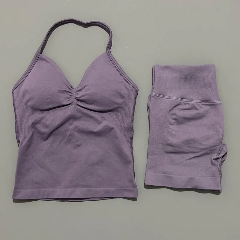 2 Pieces Impact Sports Set Women Backless Tank Yoga Tops High Waist Scrunch Seamless Shorts Sport Gym Set Sportswear Workout Set