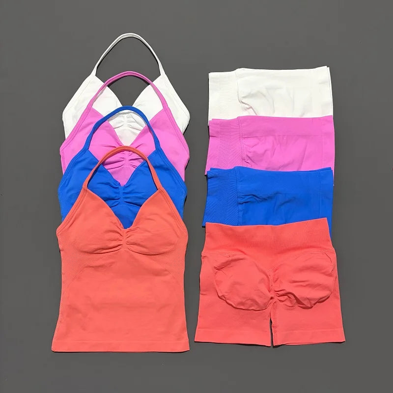 2 Pieces Impact Sports Set Women Backless Tank Yoga Tops High Waist Scrunch Seamless Shorts Sport Gym Set Sportswear Workout Set