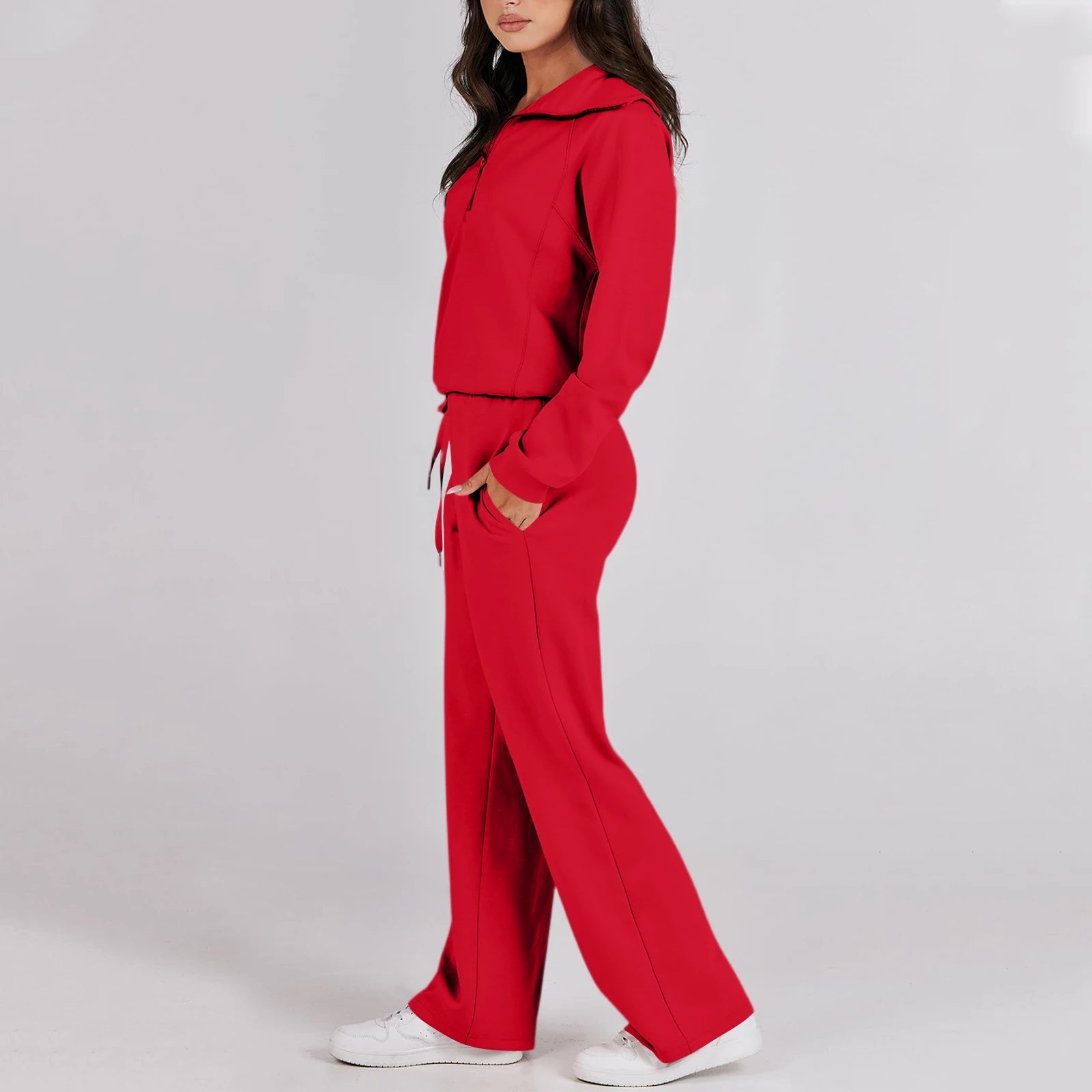 Active Fashion Women Two Piece Set Half Zip Collar Sweatshirt Popular Wide Leg Pants Pocket Design Comfy Lounge Sports Outfit